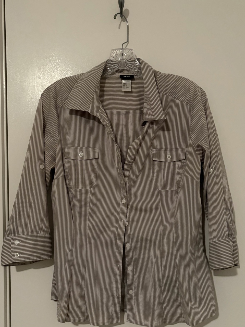 H&M Women’s Cream and Gray Striped Button-Up Shirt